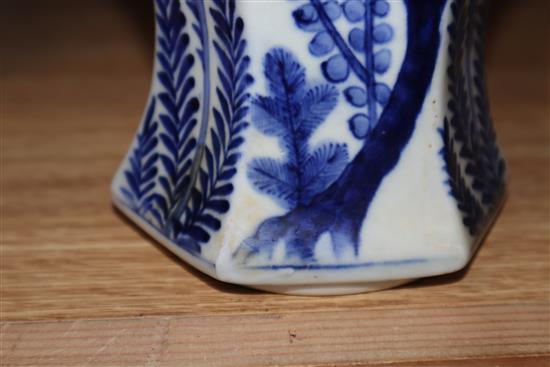 A 19th century Chinese blue and white hexagonal baluster vase (lacking cover) height 24cm
